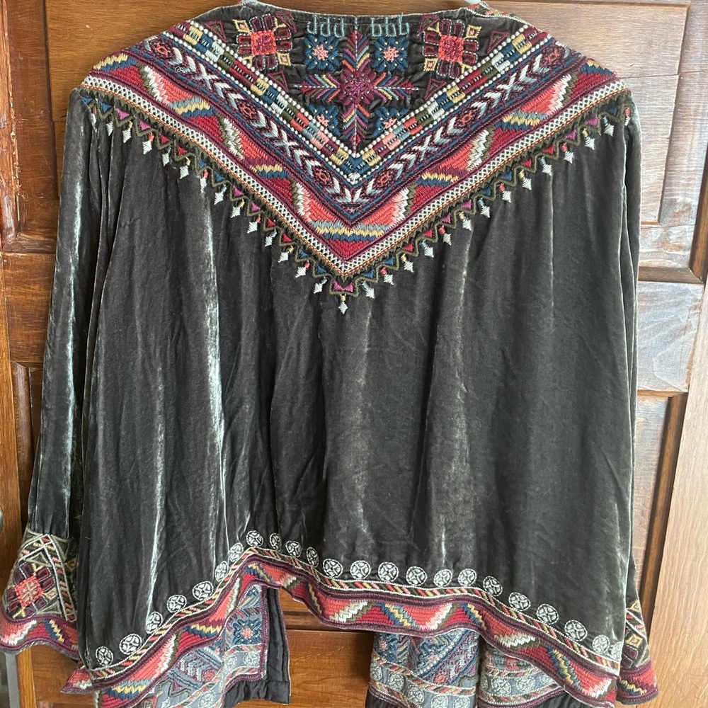 Johnny Was Grey Velvet Top with Coral Embroidery